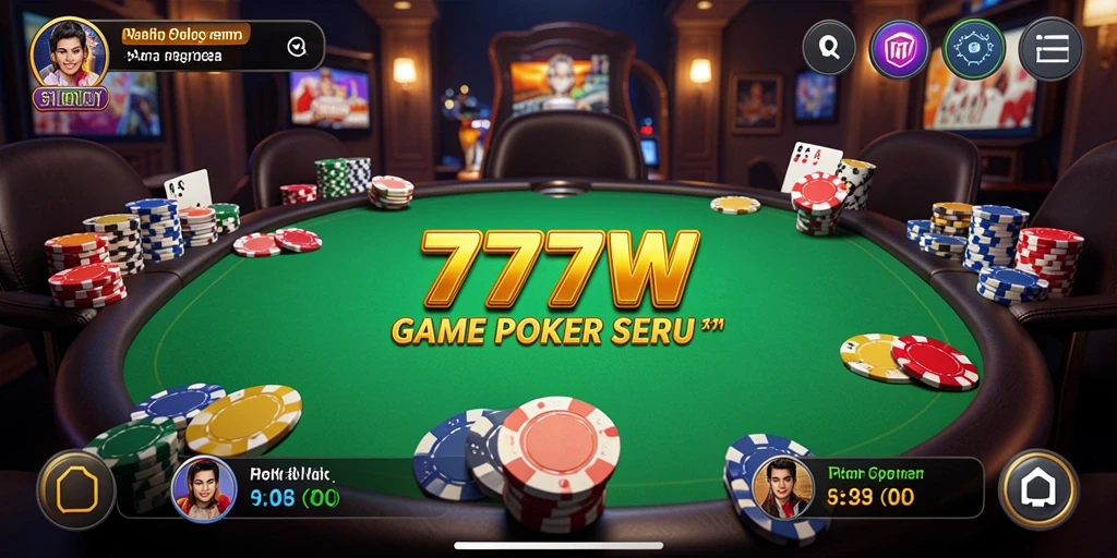 Tangkapan layar gameplay poker yang penuh aksi di 7777W.